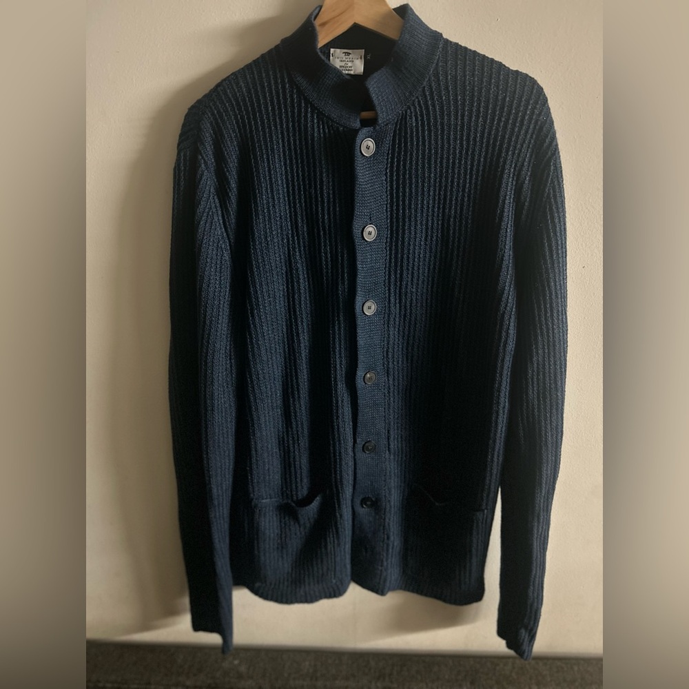 Inis Meáin Ribbed Linen Cardigan Sweater- Navy- XL